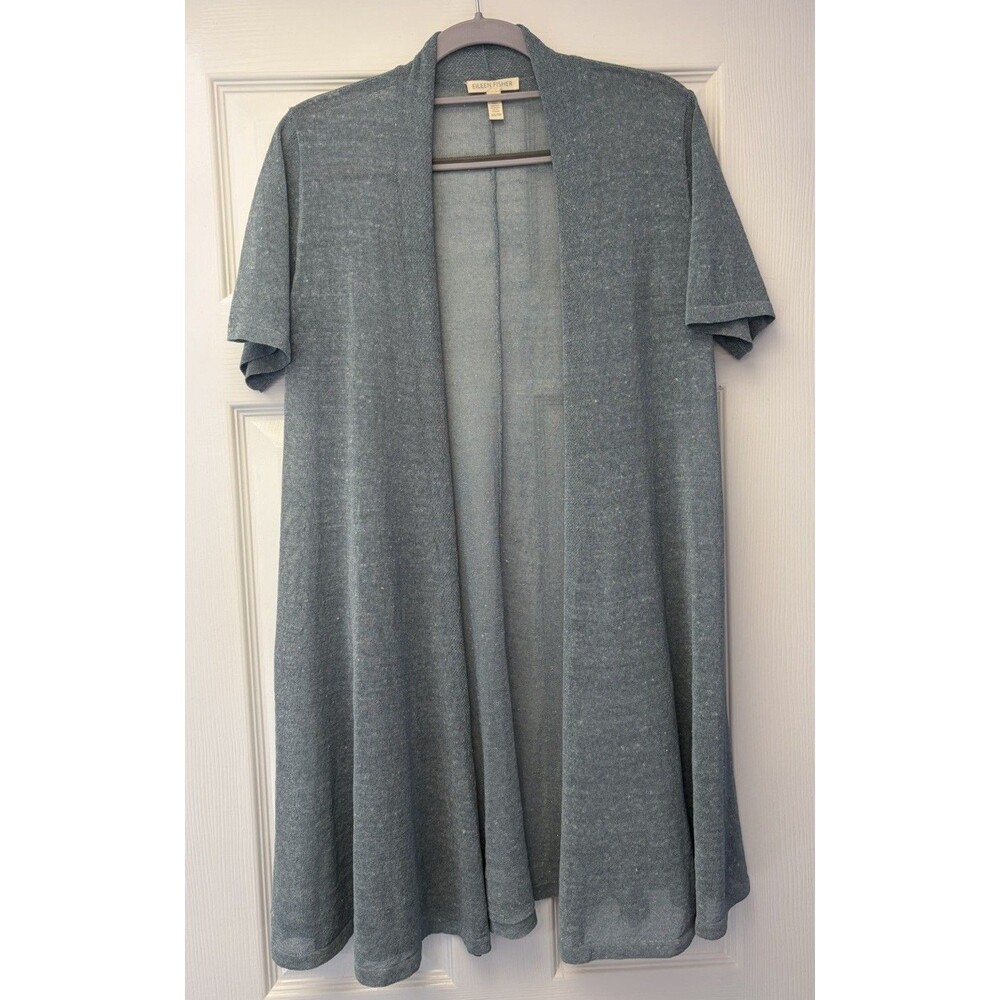 Eileen Fisher Sheer Hemp Open Front Duster Cardigan Blue Green Italian Yarn XS